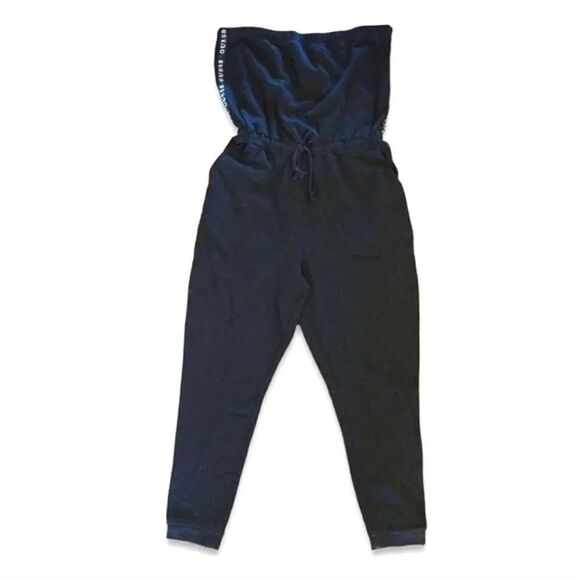Guess Y2K Black Strapless White Side Logo Tape Fleece Jumpsuit Large - Picture 3 of 12